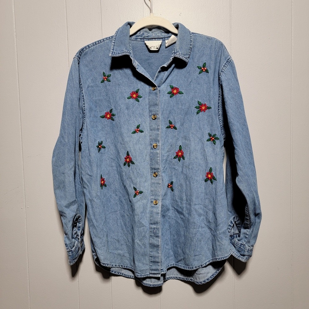 Casey Max Womens Denim Shirt Embroidered Red Flowers Green Leaves Poinsettia L
